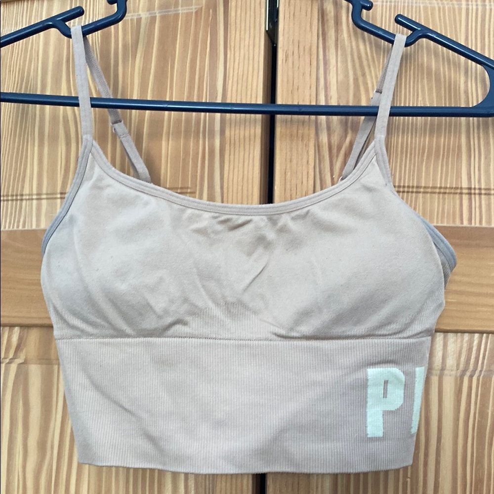 PINK Victoria's Secret Tan Sports Bra with Soft Fabric and V-Neck Design